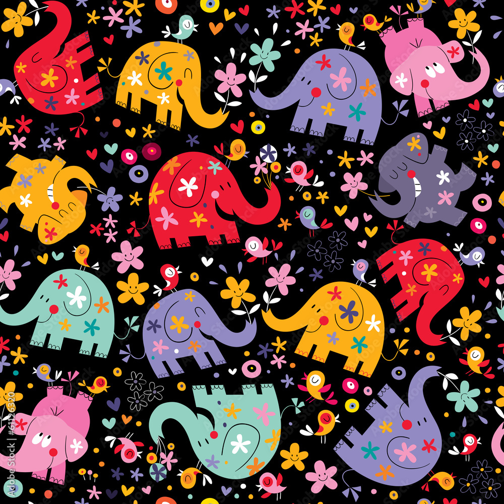 Obraz premium elephants, birds & flowers pattern