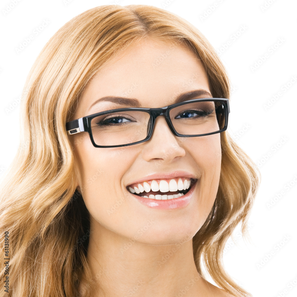 Cheerful smiling woman in glasses, isolated
