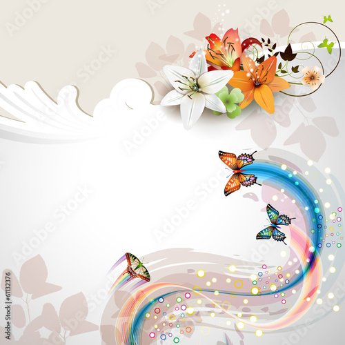 Background with lilies and butterflies