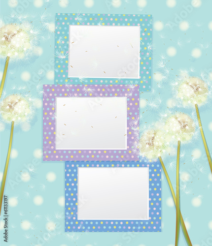 Vector colorful empty photo frames and dandelion flowers.