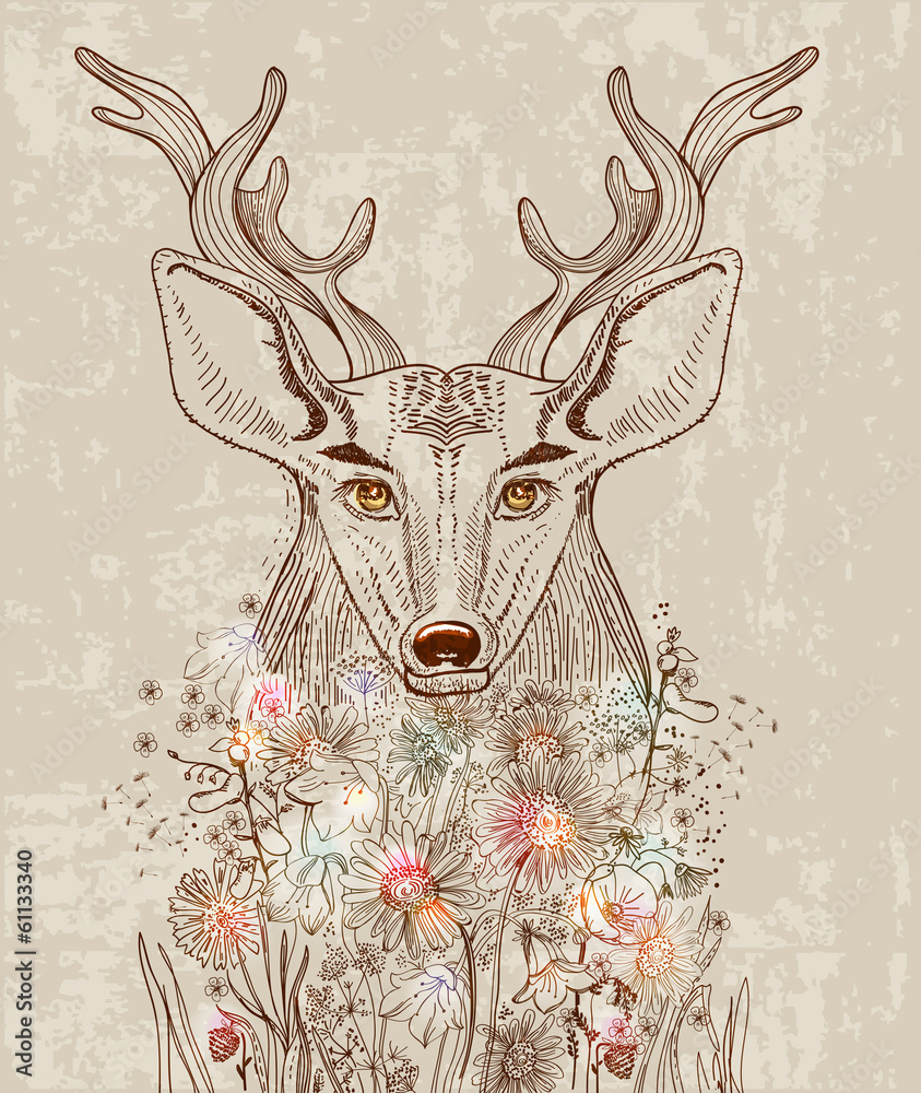 Obraz Cartoon background with deer and flowers