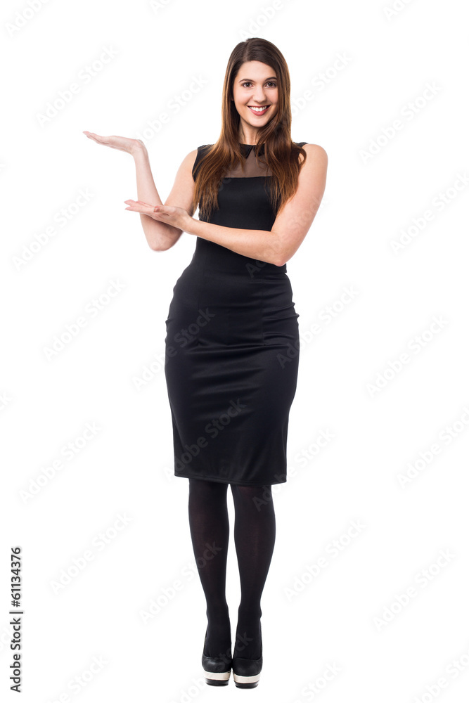 Business woman presenting something on her hand