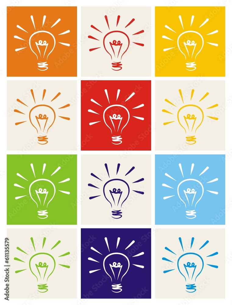 Light bulb vector colorful hand drawn icon set isolated on white