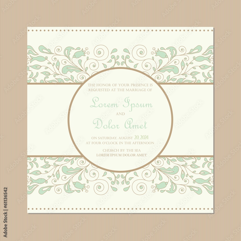 Wedding invitation card with floral frame.