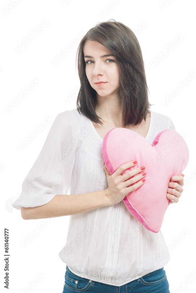 Girl with valentine pink pillow heart Girl with valentine pink pillow heart