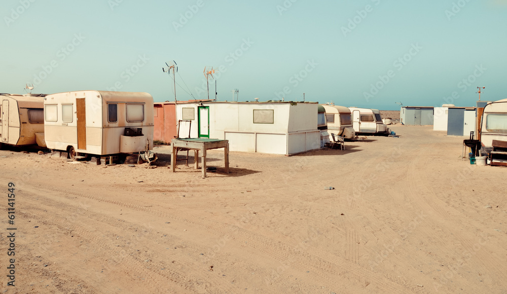 Trailers small town. Slums between hotels. Fuerteventura