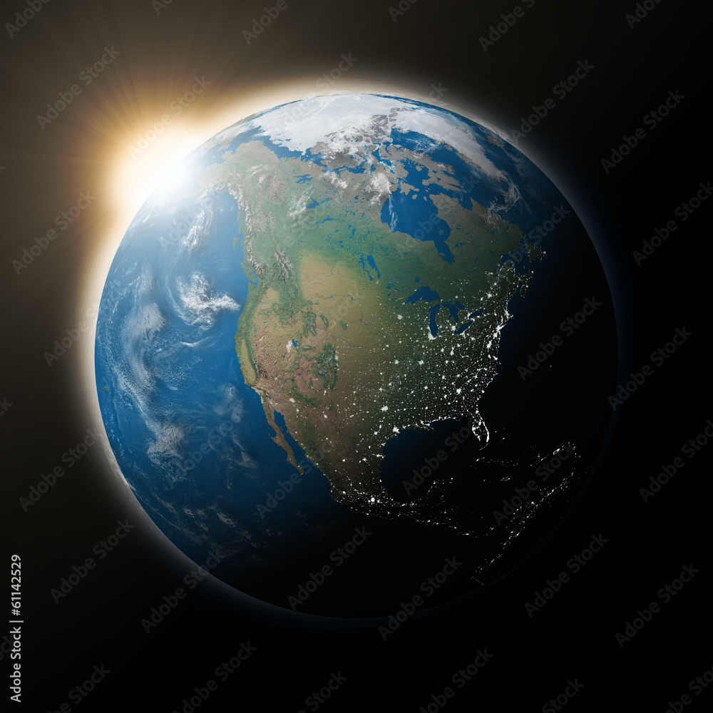 Fototapeta premium Sun over North America on planet Earth