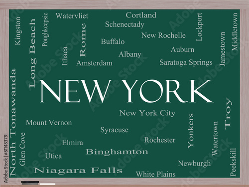 New York State Word Cloud Concept on a Blackboard photo