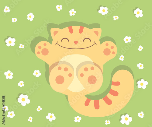 Cute cat on a green background with flowers. Cartoon character design. Vector illustration.