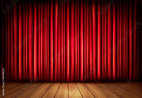 Background with red velvet curtain and a wooden floor. Vector il