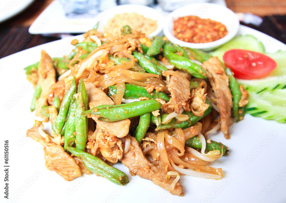 Stir-Fried noodles with pork and cow-pea. Stir-Fried noodles with pork and cow-pea.