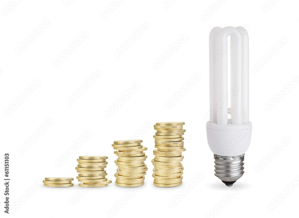 Money saved with energy saver bulb. Isolated on white background Money saved with energy saver bulb. Isolated on white background