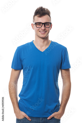 Portrait of smiling young man wearing fashion glasses