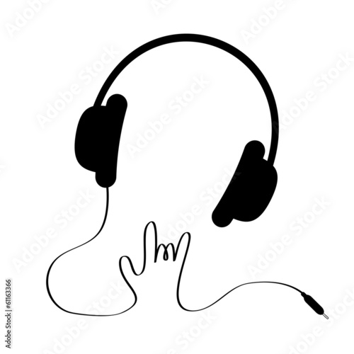Black headphones with cord in shape of hand. Rock and roll sign.