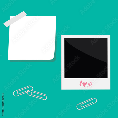 Instant photo, sticker  with  tape and paperclips in flat design