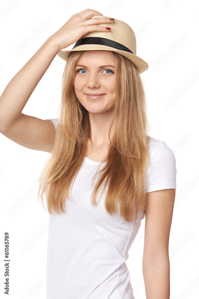 Stylish casual young woman holding her hat cock Stylish casual young woman holding her hat cock