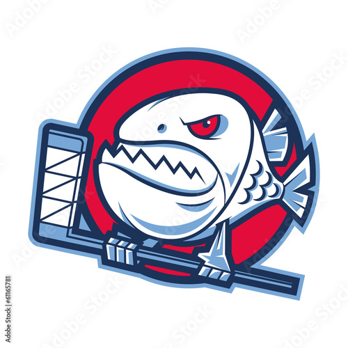 Emblem aggressive piranha holds hockey stick