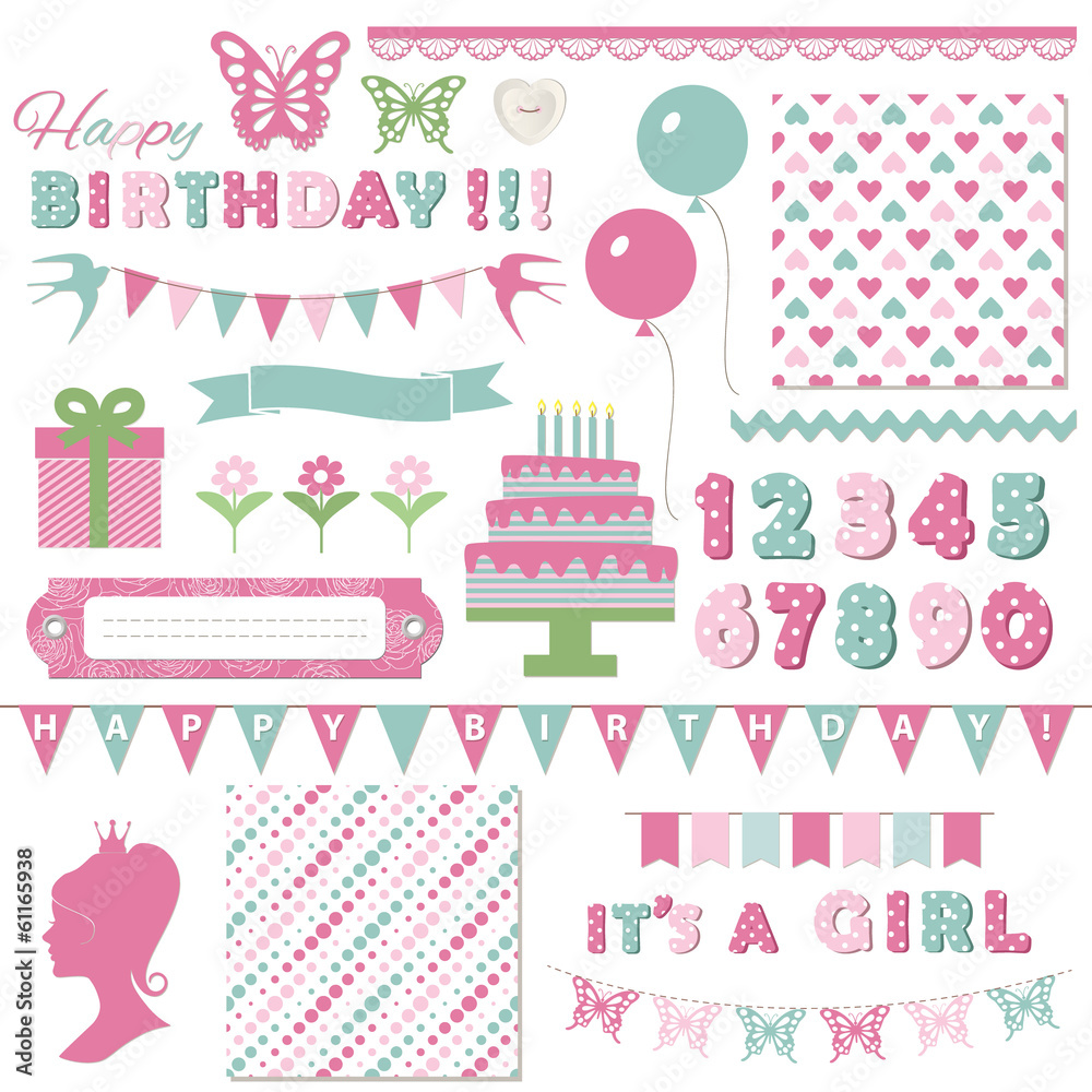 Birthday and girl baby shower design elements.