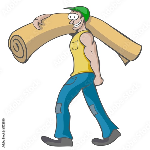 Carpet worker, labourer - moving a roll of carpet - vector,icon