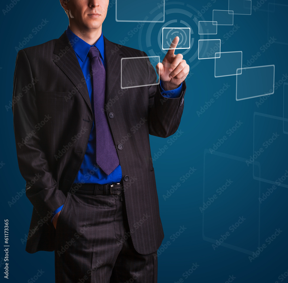 handsome businessman is pressing digital button handsome businessman is pressing digital button