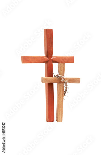 Two Isolated Wooden Crosses on White Background