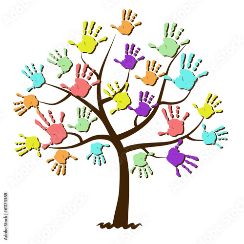 Children's hand prints united in tree