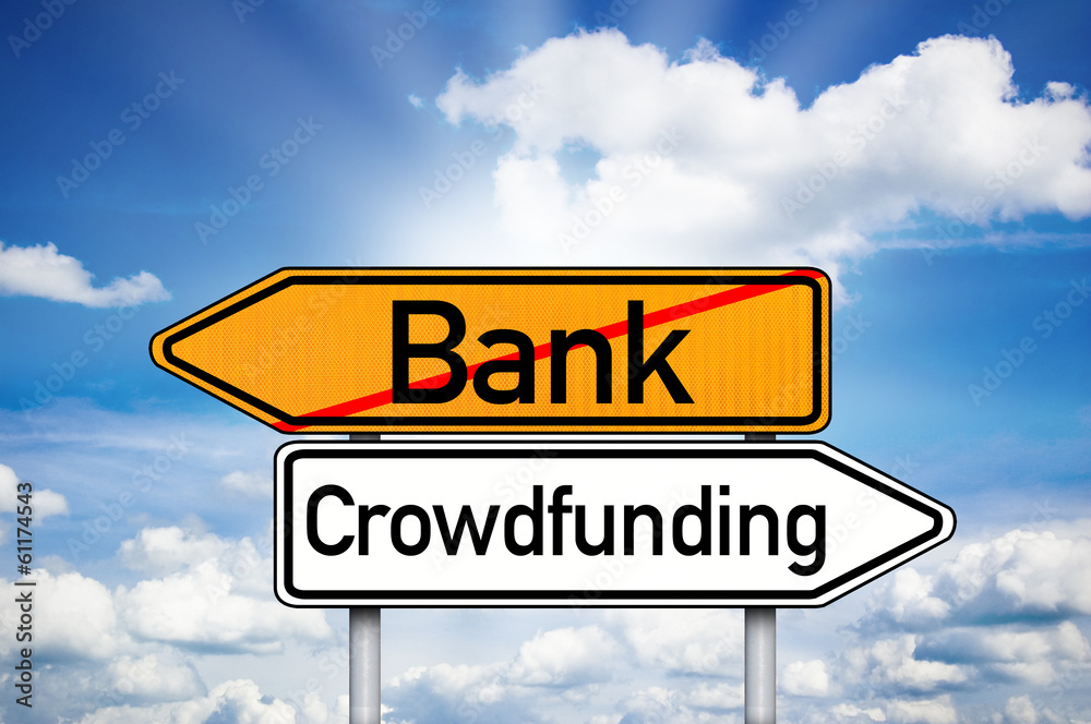 Fototapeta premium Wegweiser Bank und Crowdfunding