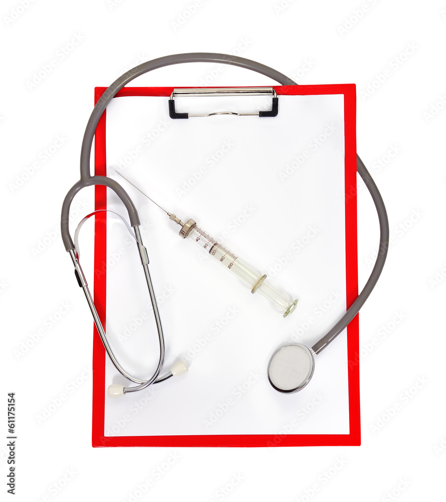 clipboard with stethoscope and syringe clipboard with stethoscope and syringe