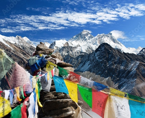 view of everest from gokyo ri with prayer flags - Nepal