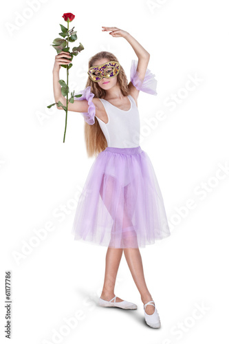 Happy little dancer girl posing in white dress ballerina 