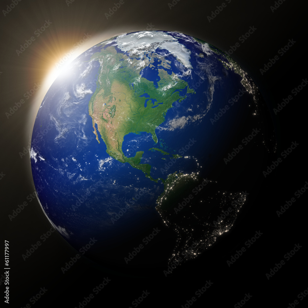 Fototapeta premium Sun over North America on planet Earth