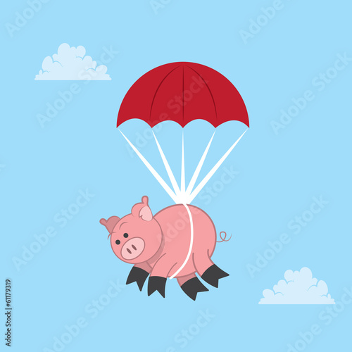 Pig parachuting down from the sky