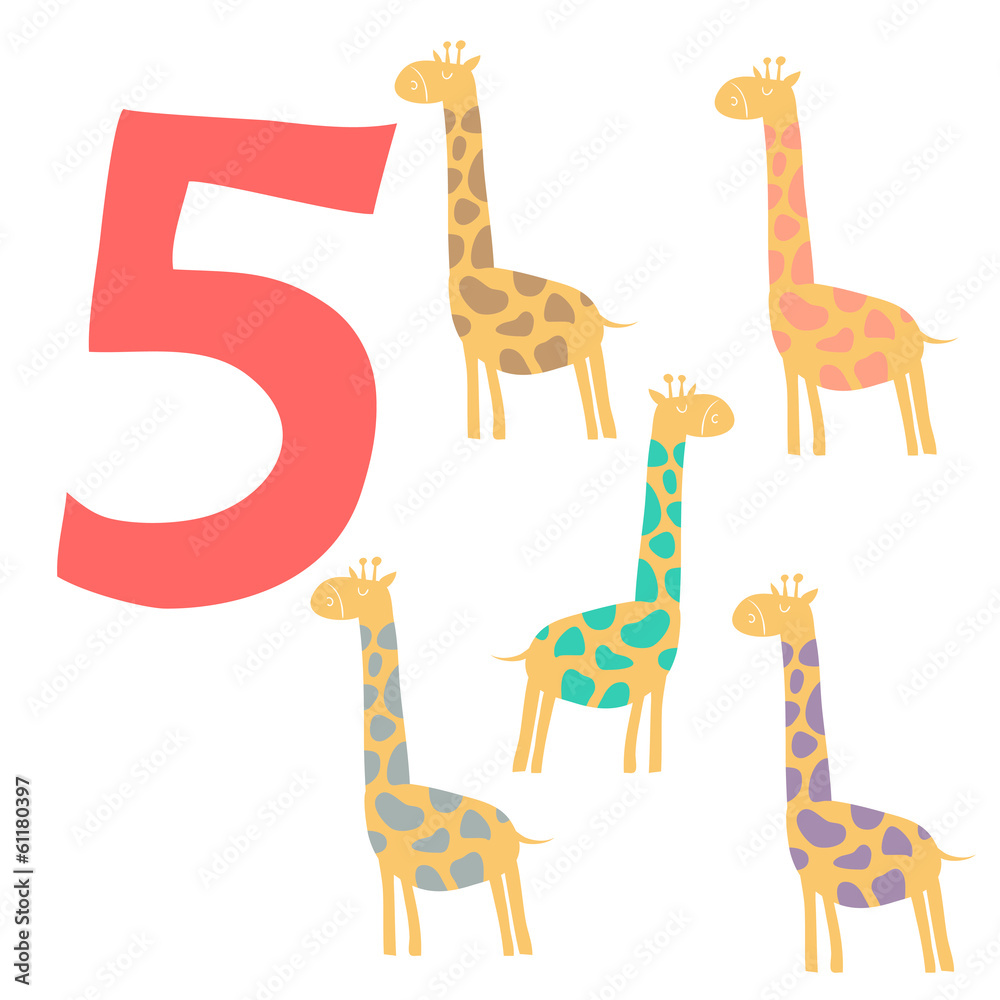 Naklejka premium 5 cute giraffes. Easy Learn to count figures.