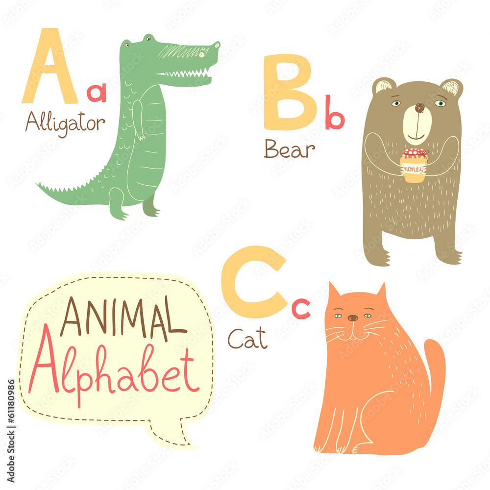 Fototapeta premium Cute zoo alphabet in vector. A, b, c letters.