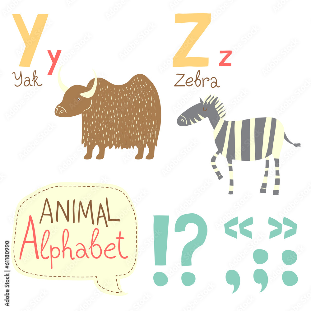 Naklejka premium Cute zoo alphabet in vector. Y, z, letters.