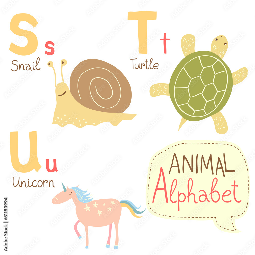 Fototapeta premium Cute zoo alphabet in vector with animals. S, t, u letters.