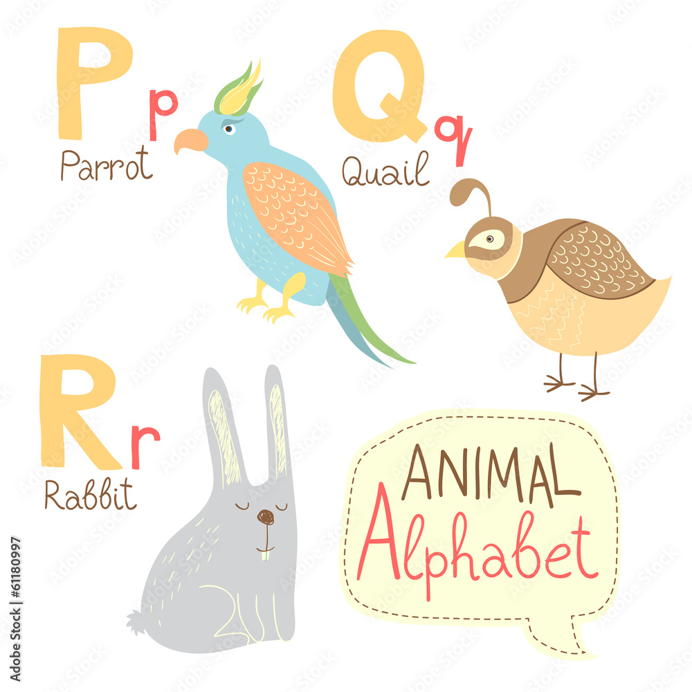 Fototapeta premium Cute zoo alphabet in vector. P, q, r letters.
