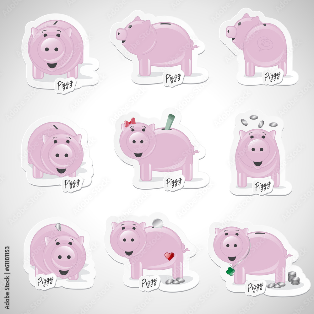 Piggy Bank Icons Set - Isolated On Gray Background Piggy Bank Icons Set - Isolated On Gray Background