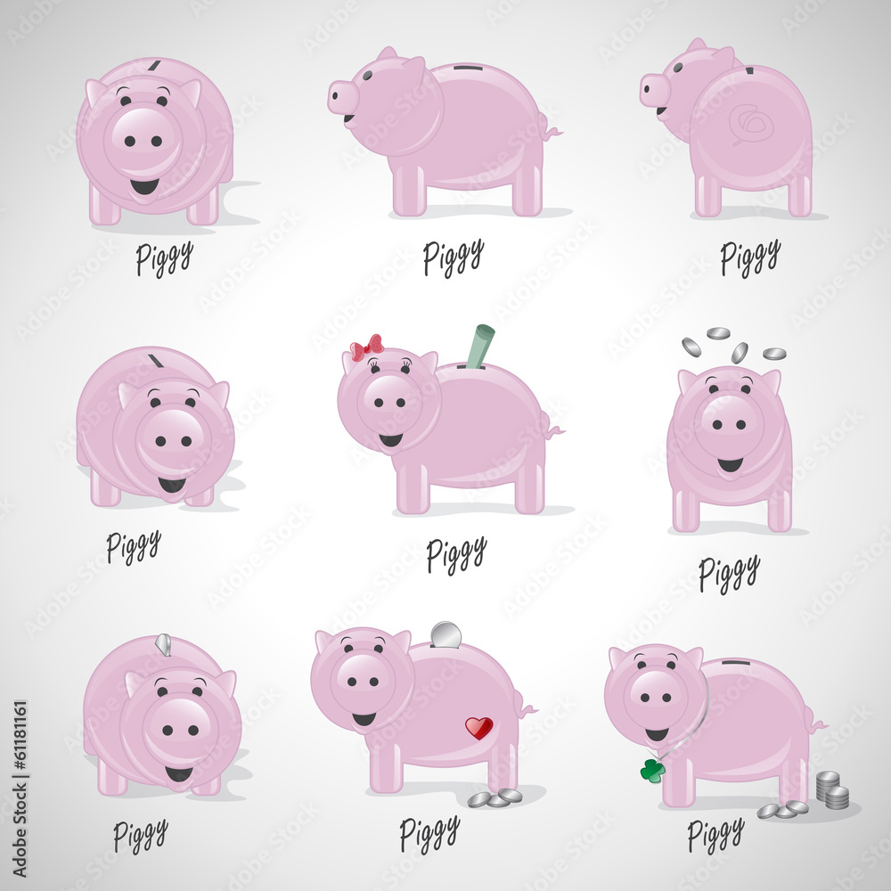 Piggy Bank Icons Set - Isolated On Gray Background Piggy Bank Icons Set - Isolated On Gray Background