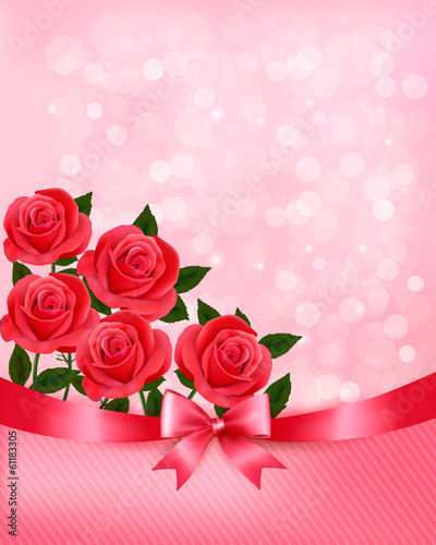 Holiday background with bouquet of pink flowers with bow and rib