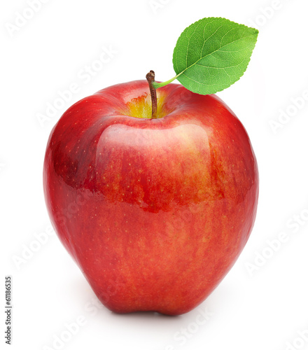Red apple fruit with leaf on white background.