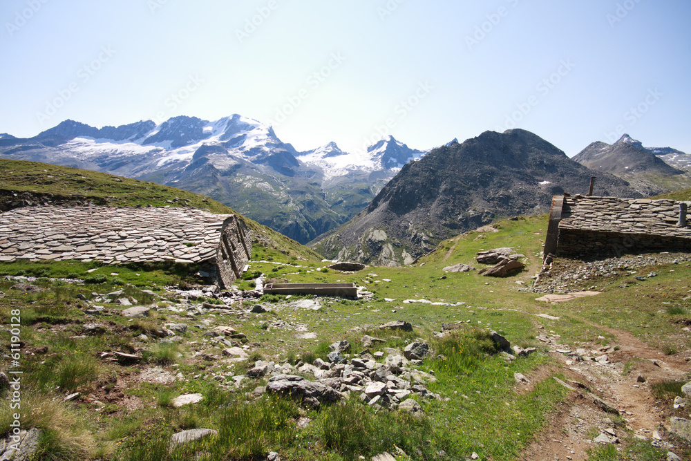 Alpe plan Borgno, Valsavaranche. Sullo sfondo il Gran Paradiso