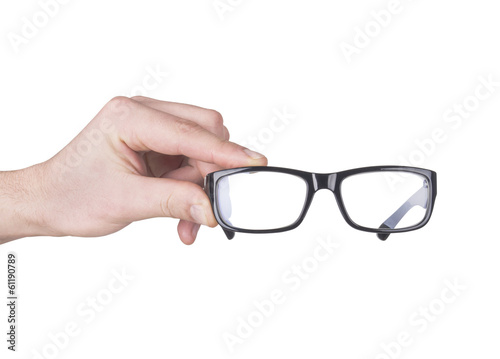 man hand with black glasses, isolated on white