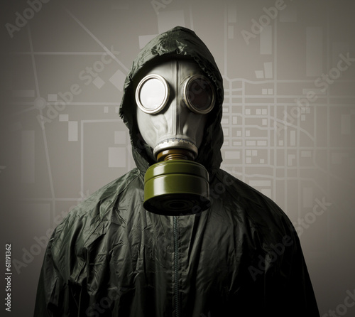 Fotografi Gas mask and a city map