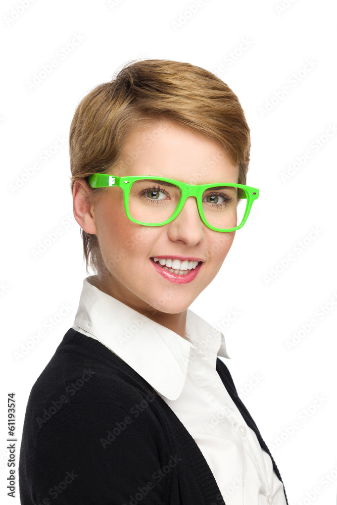 Portrait of a smailing beautiful young woman in green glasses. Portrait of a smailing beautiful young woman in green glasses.