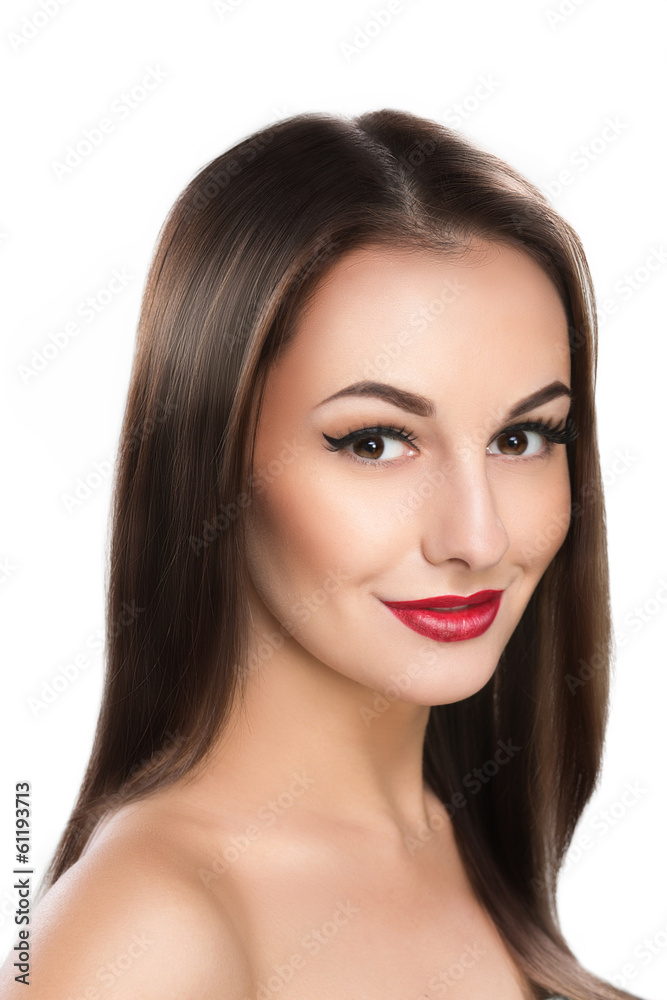 Photo of a beautiful woman with long straight brown hair looking Photo of a beautiful woman with long straight brown hair looking