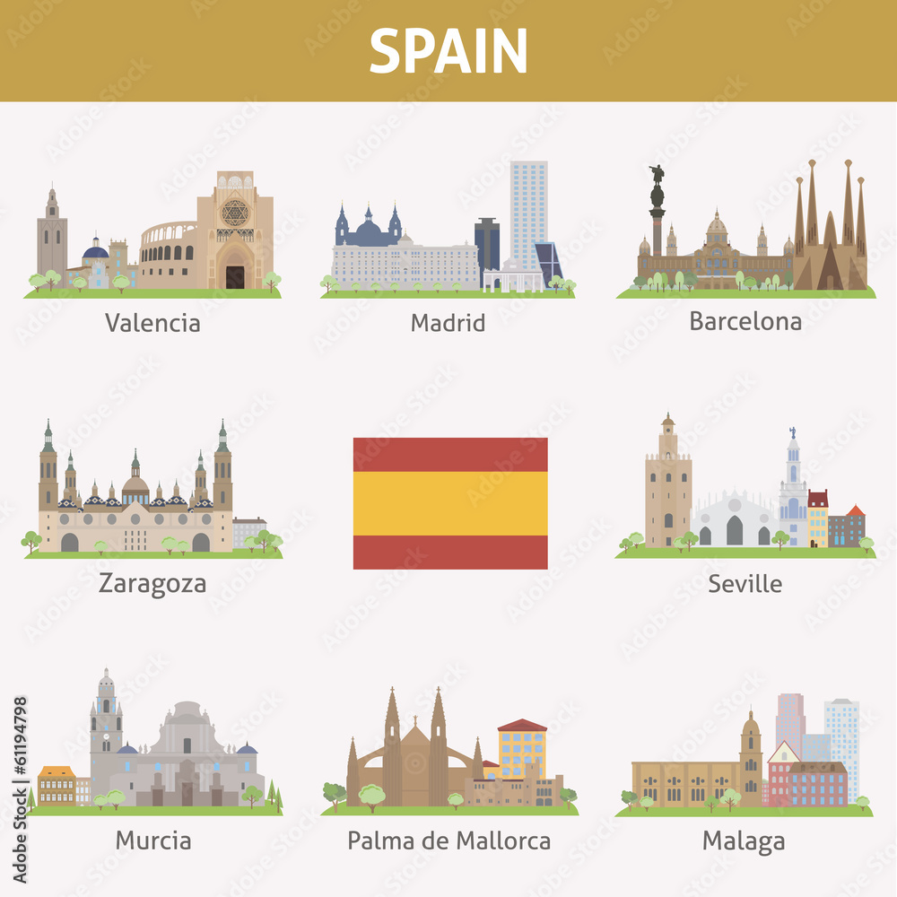 Naklejka premium Hiszpania. Symbole miast