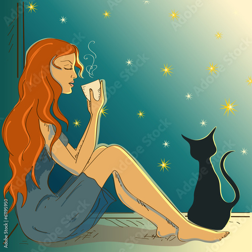 Illustration with beautiful girl sitting on a windowsill