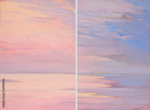 pink dawn on the sea, painting by oil on canvas,  illustration