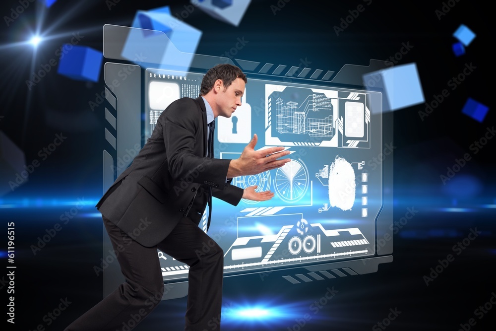 Composite image of businessman posing with arms outstretched